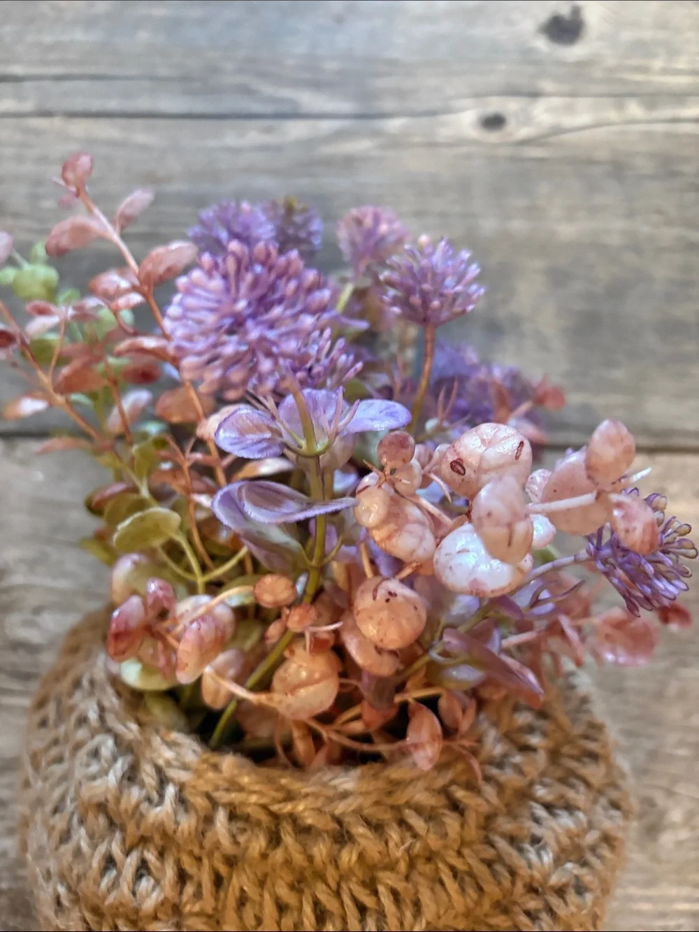 Handcrafted Jute Hanging Basket with Purple Faux Floral Arrangement